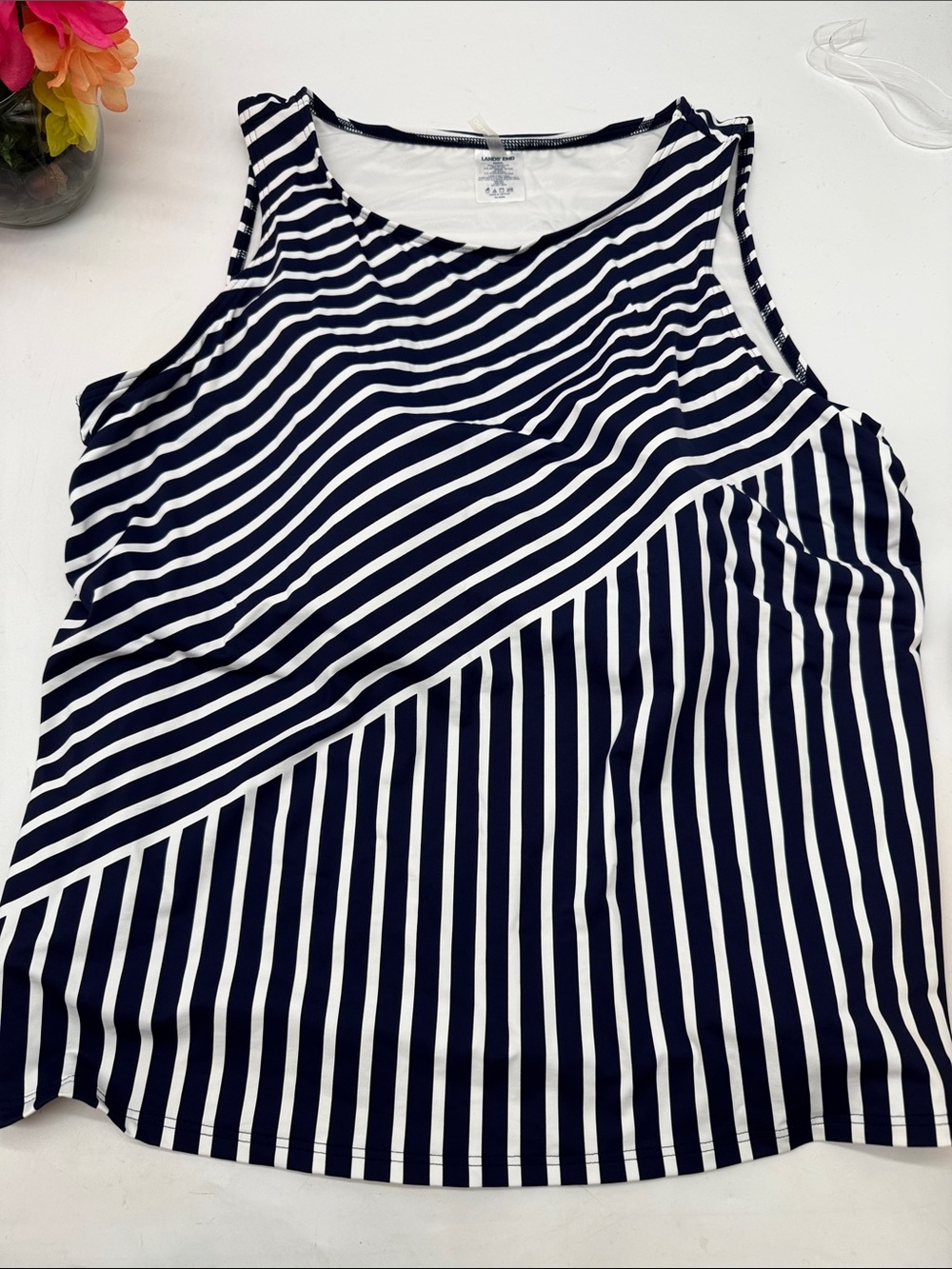 Lands' Ene Navy and White Striped Sleeveless Tank Shorts Swimsuit Sx 22W/L